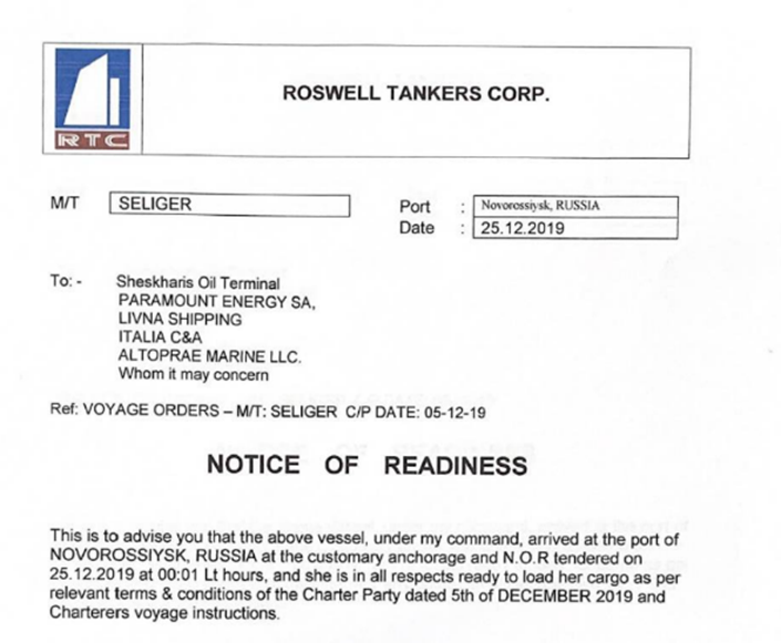 Notice Of Readiness- Paramount and Livna